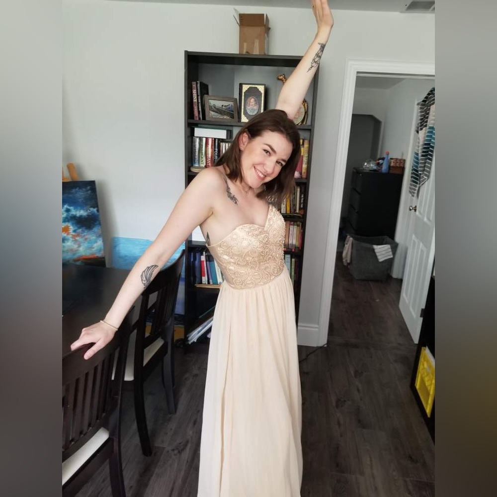 BUNDLE & SAVE! Strapless champagne gown with beaded details & corset back